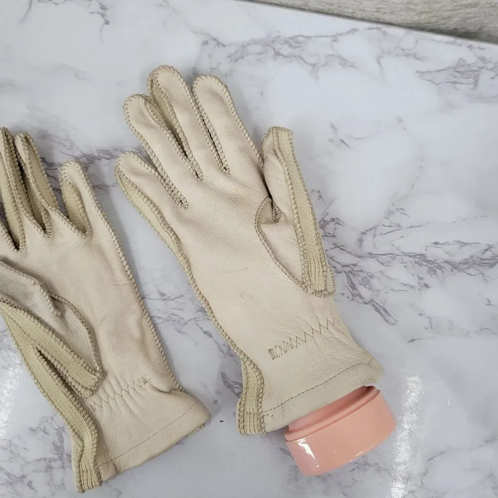 Vintage Deerskin Leather Bone Colored Leather Driving Gloves